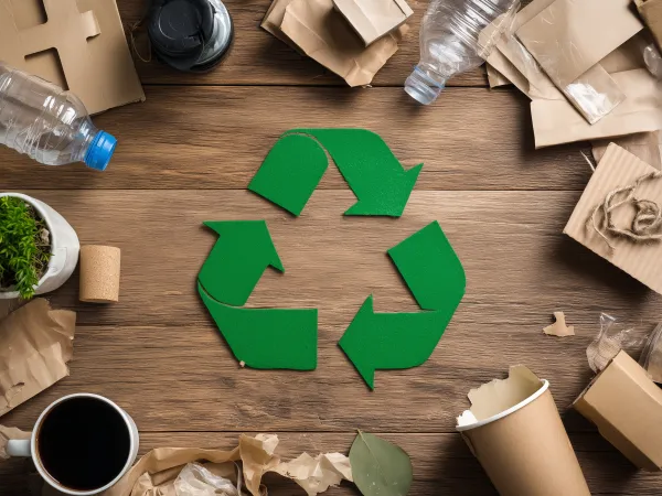 Plastik- und Papierprodukte gruppiert um das Recyclingsymbol